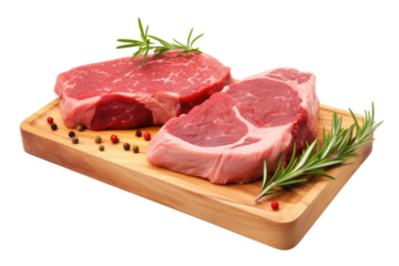 raw meat placed on a rustic wooden surface with a transparent background, highlighting the natural and organic qualities of the ingredients.	

