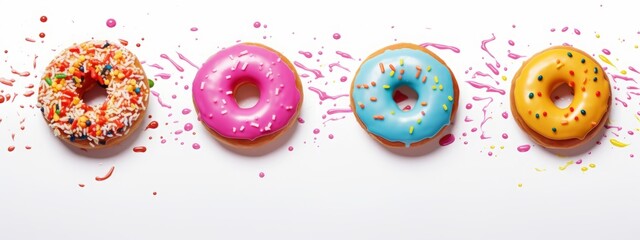 Donut doughnut background sweet isolated food cake dessert pastry white bakery. Chocolate doughnut background sprinkles pink donut color decorated glaze candy eat cookie blue sugar birthday milkshake. - Powered by Adobe