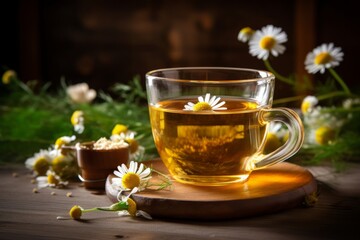 A comforting cup of chamomile infusion captured amidst dried chamomile flowers on an old-fashioned wooden surface