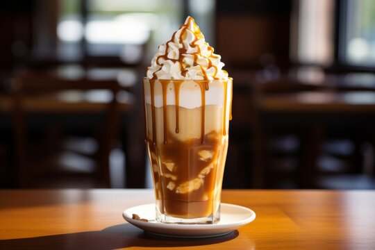A detailed image of a tempting toffee milkshake adorned with whipped cream and caramel syrup