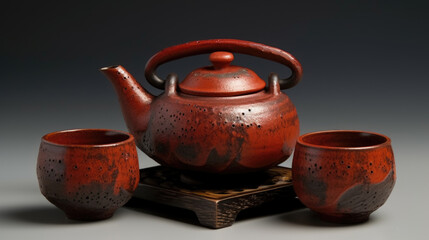 Red teapot and two cups on a wooden stand.
