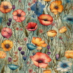 Watercolor floral pattern with poppies and daffodils.