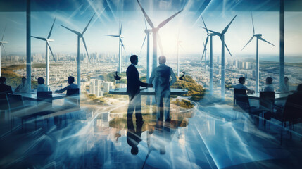 Businesspeople walk amidst towering skyscrapers and wind turbines, representing a harmonious blend of urban development and sustainable energy.