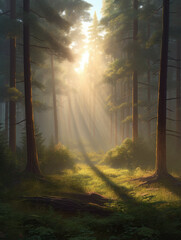 Painting of a forest with sunlight shining through the trees.