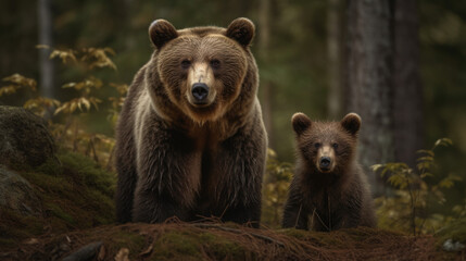 Brown bear and her cub are standing in the woods.