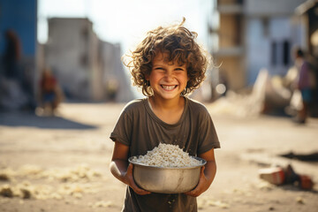 Poor staring hungry orphan boy in a refugee camp with a happy expression on his face holding bowl full of rise food Teen in dirty clothes. War social crisis problem issue help charity donation concept