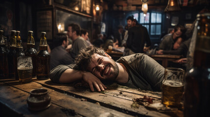 Drunk man lying laughing on the wooden table of a bar / pub, in the background partying people having fun