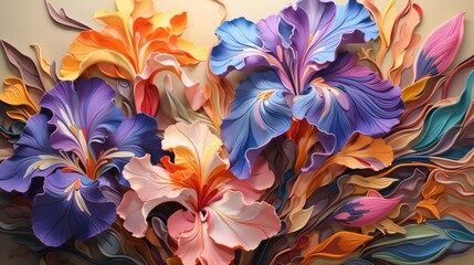  a painting of a bunch of colorful flowers on a beige background with a black border around the center of the image.  generative ai