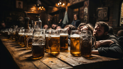 Party people have fun and drink a lot of beer in a pub, drunk and drunken people