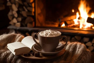 Gordijnen Indulge in the warmth of a creamy hot chocolate, complemented by a good read and the comforting ambiance of a winter evening by the fireplace © aicandy