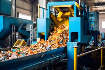 Sorting garbage using rotating device for plastic waste separation, industrial trash disposal, plastic packaging recycling. Generative AI - obrazy, fototapety, plakaty
