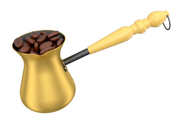 Turkish coffee cooked in sand or maker cezve with coffee bean on white