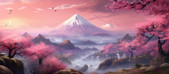 Asian heritage digital artwork depicting a breathtaking mountain panorama featuring waterfalls and cherry blossoms at dawn