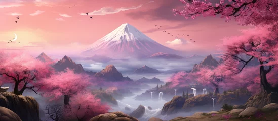 Keuken foto achterwand Lichtroze Asian heritage digital artwork depicting a breathtaking mountain panorama featuring waterfalls and cherry blossoms at dawn