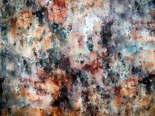amazing colorful stained old wall material texture background pattern, close up, detail view. corroded rust effect metal vintage industrial wallpaper with orange, grey, brown mixed colors, real photo