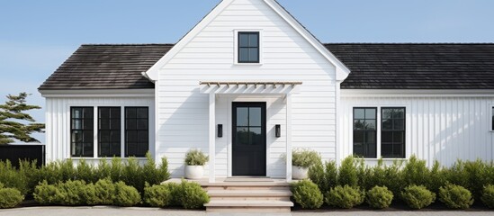 A beach house with a black front door styled like a white farmhouse - obrazy, fototapety, plakaty