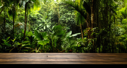 Empty rustic old wooden boards table copy space with lush green rainforest amazon jungle leaves and plants in background. Product display template. Generative AI
