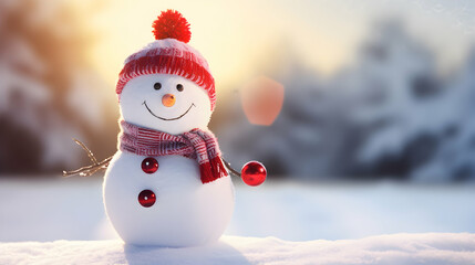 Obraz premium Winter holiday christmas background banner. Closeup of happy snowman in a red scarf and hat. Magic spruce forest in the snow. Sunny light backdrop. Generative AI.