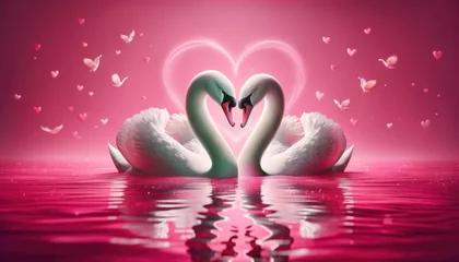 Foto op Canvas Romantic swans making a heart shape, Swan couple for Valentine's Day on pink background © KAI