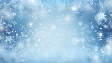 Fototapeta premium Winter holiday snow background with copy space, christmas seasonal frozen wallpaper, invitation card, fir spruce branches, magical blue lights, generative ai