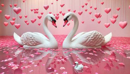 Fototapeta premium Romantic swans making a heart shape, Swan couple for Valentine's Day on pink background