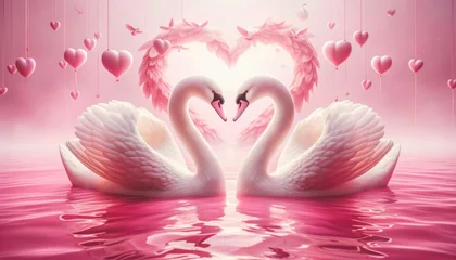 Poster Romantic swans making a heart shape, Swan couple for Valentine's Day on pink background © KAI