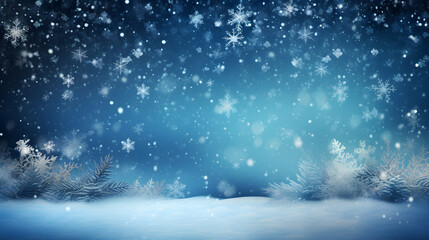 Winter holiday snow background with copy space, christmas seasonal frozen wallpaper, invitation card, fir spruce branches, magical blue lights, generative ai