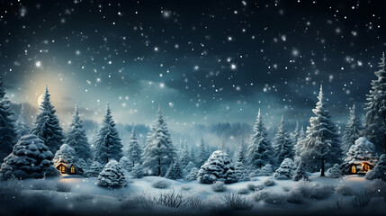 Fototapeta na wymiar Festive winter background with Christmas trees covered with falling snow. Spruce branches covered with fluffy fresh snow. Seasonal background. Magical atmosphere with lights. Copy space. Generative AI