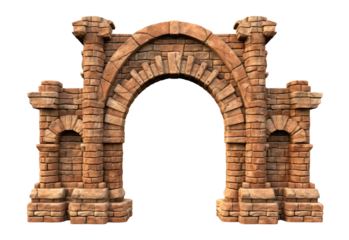 ancient stone wall, brick arch isolated , gateway or entryway isolated on a transparent background. PNG, cutout, or clipping path.	
