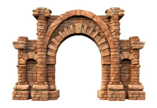 ancient stone wall, brick arch isolated , gateway or entryway isolated on a transparent background. PNG, cutout, or clipping path.	
