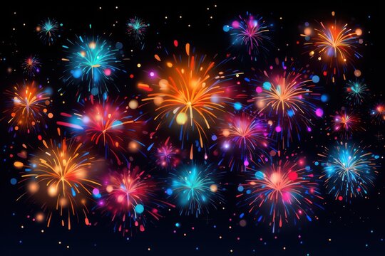 Fireworks composition with colourful images of shiny firework spots of different shape on dark background