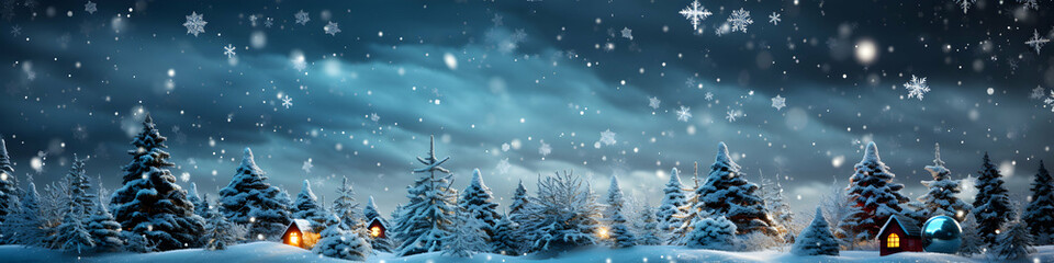 Naklejka premium Festive winter background with Christmas trees covered with falling snow. Spruce branches covered with fluffy fresh snow. Seasonal background. Magical atmosphere with lights. Copy space. Generative AI