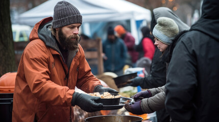 A person smiles while volunteering, handing out food to a diverse community at an outdoor charity event.