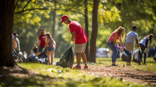 Volunteers are diligently collecting trash in bags at a park, emphasizing community service and environmental responsibility.