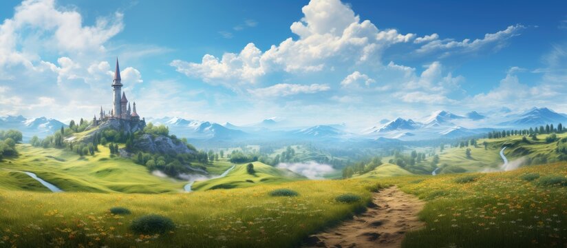A pathway to an imaginary world with a Tower on high ground
