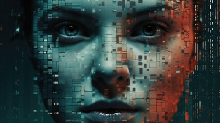 Naklejka na ściany i meble Abstract glitched image of a person's face with fragmented pixels, distorted features, and an eerie, surreal effect. A digital artwork showcasing glitch art, abstract art, surrealism, and technology