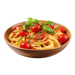 traditional Italian linguini pasta with tomatoes and fresh parsley, isolated on a transparent background. PNG, cutout, or clipping path.	
