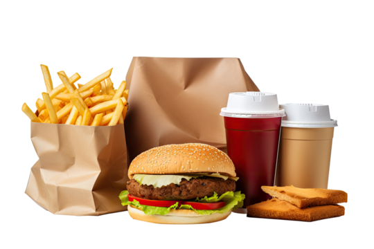 Recycling concept, collection and delivery food background. Fast food eco packaging with tasty hamburger, french fries, paper coffee cup and soup, isolated on white or transparent background.	
