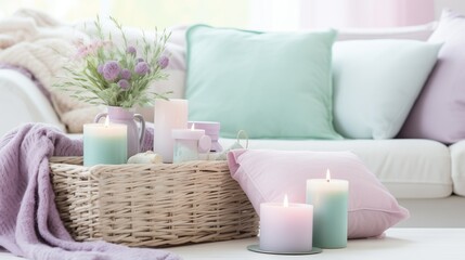 A soothing pastel color palette featuring delicate hues of baby pink, mint green, and lavender. The soft tones create a tranquil and peaceful ambiance, perfect for creating a serene atmosphere