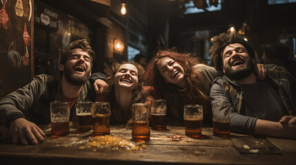 Party people have fun and drink a lot of beer in a pub, drunk and drunken people - obrazy, fototapety, plakaty