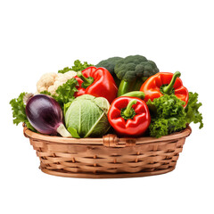 various healthy vegetables and fruits on wooden basket, foodstuff, supermarket, or kitchen, isolated on a white or transparent background.	
