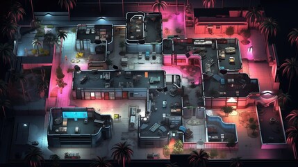 A retro pixelated video game scene with a top-down view of a neon-lit cityscape. Interconnected rooms, palm trees, and buildings create a maze-like environment
