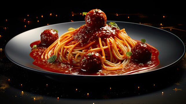  a plate of spaghetti with meatballs and sauce on a black surface with a sparkley light in the background.  generative ai