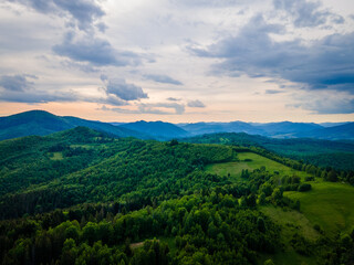 Texture of green tree forest view from above, Beautiful sunrise over the mountains of Carpathians