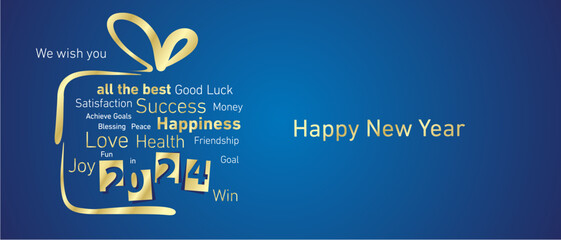 Happy New Year 2024 golden negative space numbers abstract christmas gift box word cloud text white blue background vector greeting card