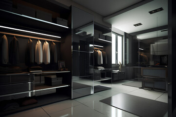 Bauhaus style interior of wardrobe in dark gray colors