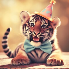 Baby tiger cub with a party hat and a bow tie, joyous happy birthday card