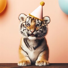 Baby tiger cub with a party hat, joyous happy birthday card with copy space
