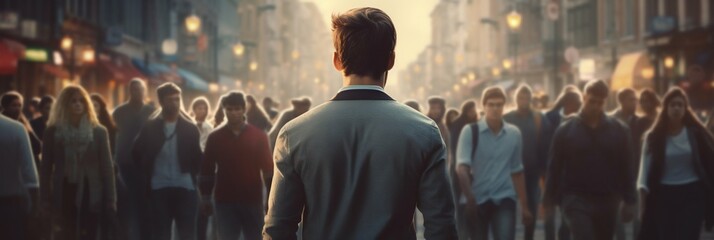 Lone Man Amidst the Bustling Street Crowd. Generative ai