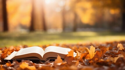 Naklejka na ściany i meble Autumn's Tale: Open Book Amidst Fall Foliage in Sunlit Park. Generative ai